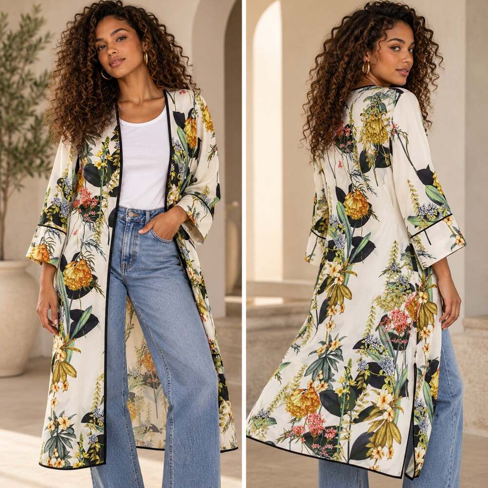 Zara floral print kimono dress long sleeves  black piped trim Sz S